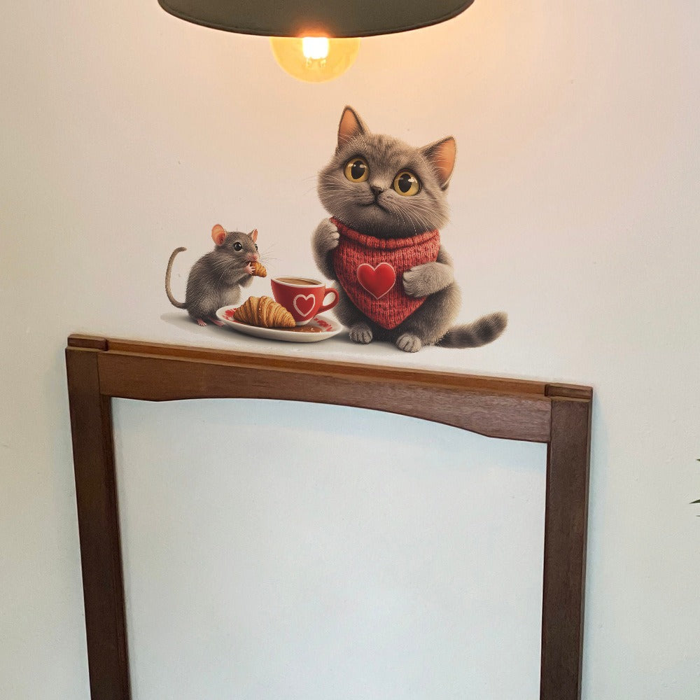 COVPAW Wall Stickers Mouse Cat Coffee Home Decor Living Room Kitchen Bedroom Children's Room Decoration, Self Adhesive, Removable and Waterproof