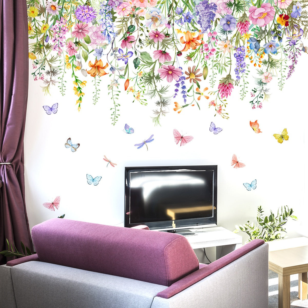 COVPAW Wall Stickers Flower Butterflies Nature Home Office Decor Living Room Bedroom Children's Room Decoration Yoga, Self Adhesive, Removable and Waterproof