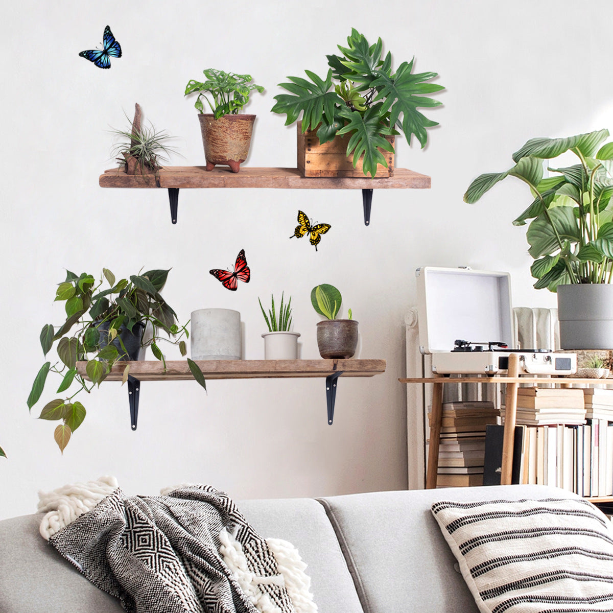 COVPAW Wall Stickers Potted Plant Green Leaves Flowers Butterflies Nature Home Office Decor Living Room Bedroom Children's Room Decoration Yoga, Self Adhesive, Removable and Waterproof