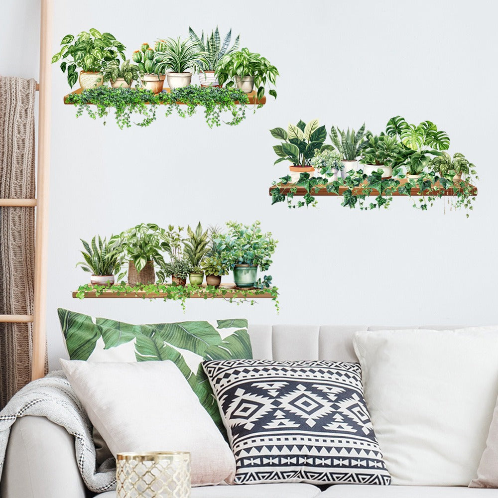 COVPAW Wall Stickers Green Flower Potted plant Greenery Nature Home Office Wall Decor Living Room Bedroom Children's Room Decoration Self Adhesive Mural Wall Painting