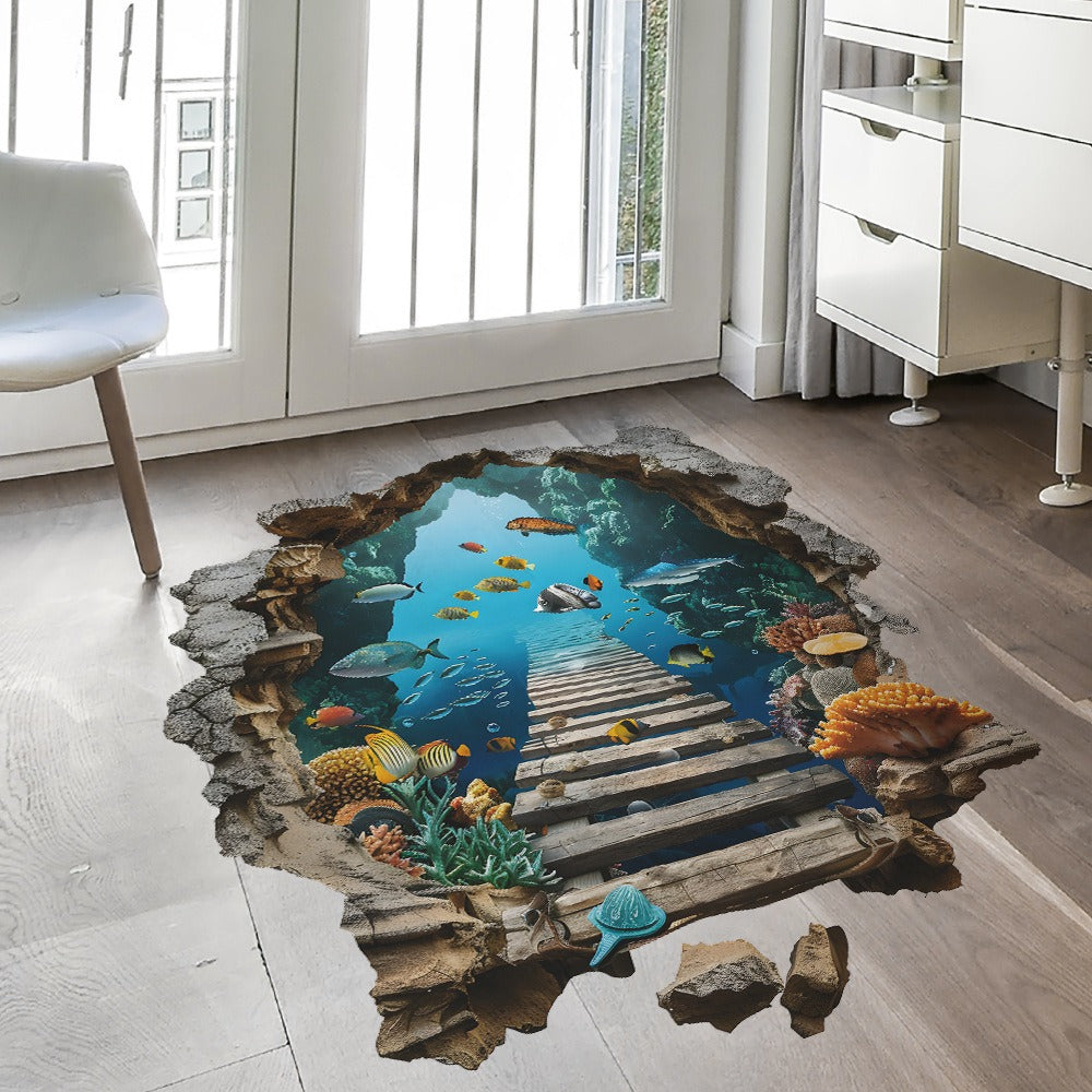 COVPAW Wall Stickers 3D Deep Sea Unterwater Fish Bridge Children Living bed Room Mural Floor Stickers Removable and Waterproof
