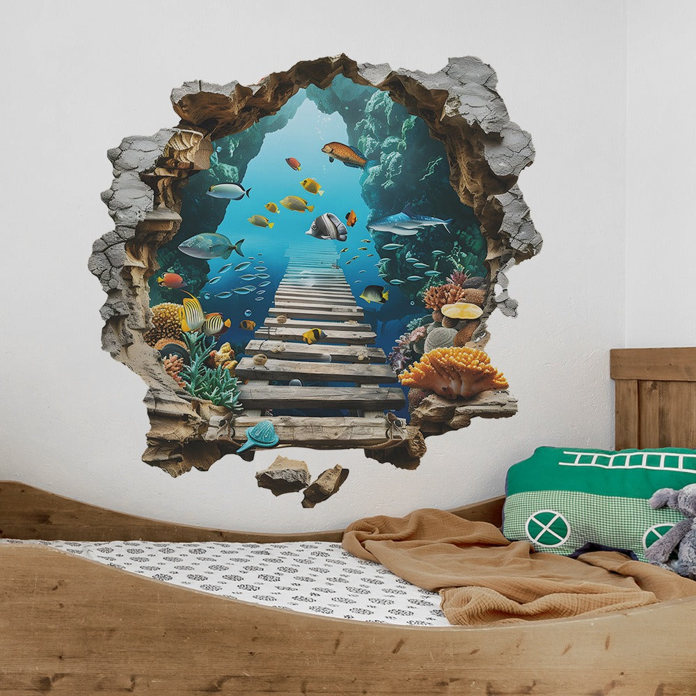 COVPAW Wall Stickers 3D Deep Sea Unterwater Fish Bridge Children Living bed Room Mural Floor Stickers Removable and Waterproof