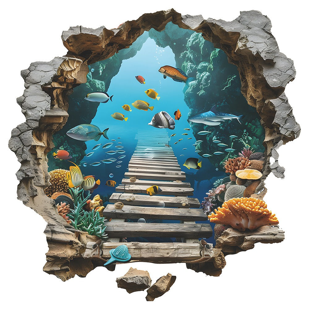 COVPAW Wall Stickers 3D Deep Sea Unterwater Fish Bridge Children Living bed Room Mural Floor Stickers Removable and Waterproof