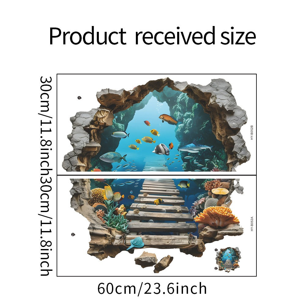 COVPAW Wall Stickers 3D Deep Sea Unterwater Fish Bridge Children Living bed Room Mural Floor Stickers Removable and Waterproof
