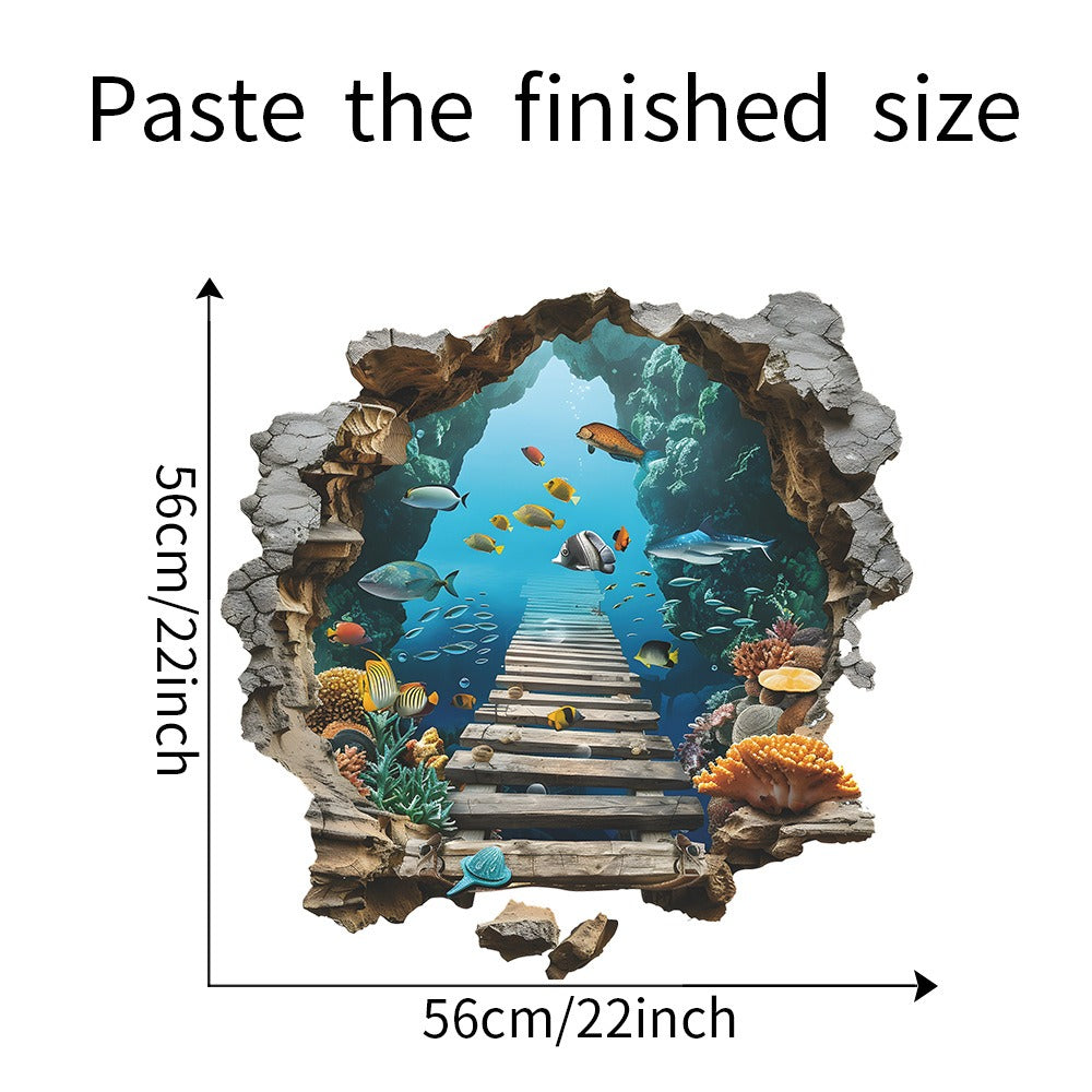 COVPAW Wall Stickers 3D Deep Sea Unterwater Fish Bridge Children Living bed Room Mural Floor Stickers Removable and Waterproof