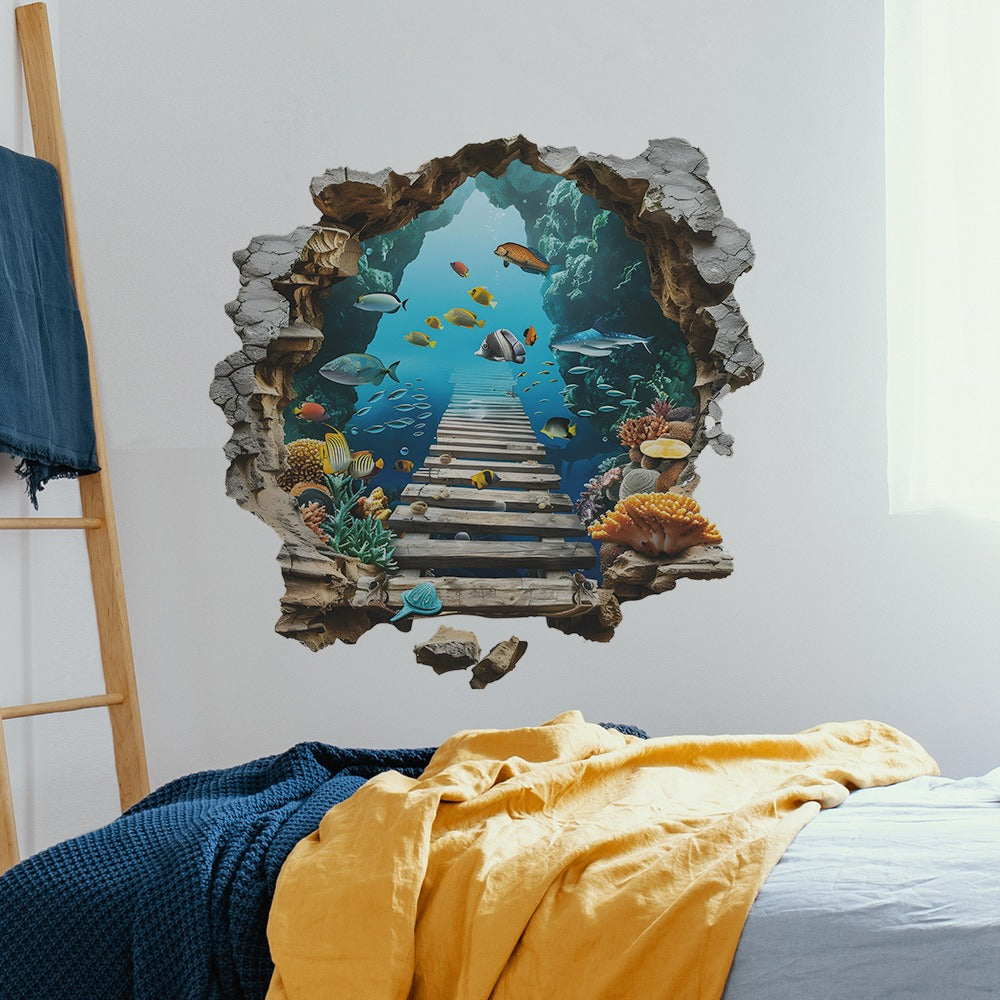 COVPAW Wall Stickers 3D Deep Sea Unterwater Fish Bridge Children Living bed Room Mural Floor Stickers Removable and Waterproof