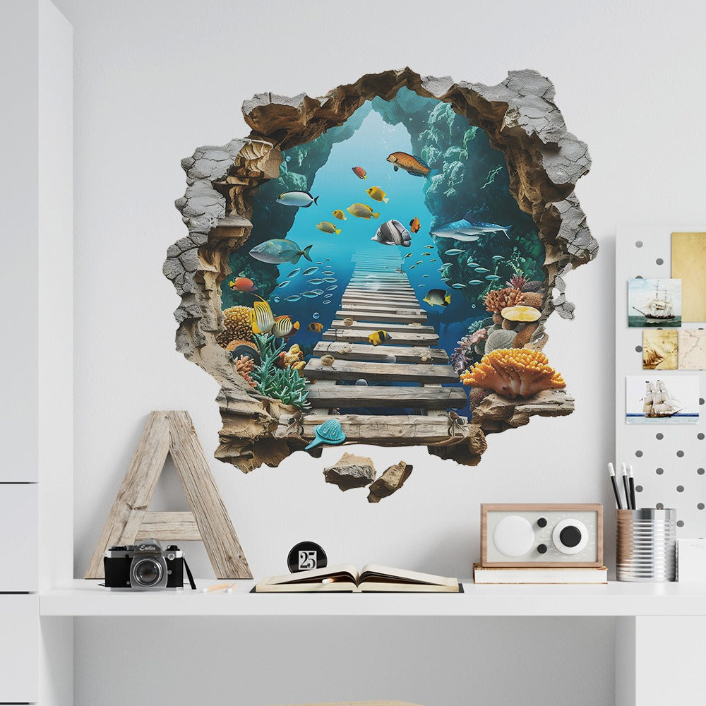 COVPAW Wall Stickers 3D Deep Sea Unterwater Fish Bridge Children Living bed Room Mural Floor Stickers Removable and Waterproof