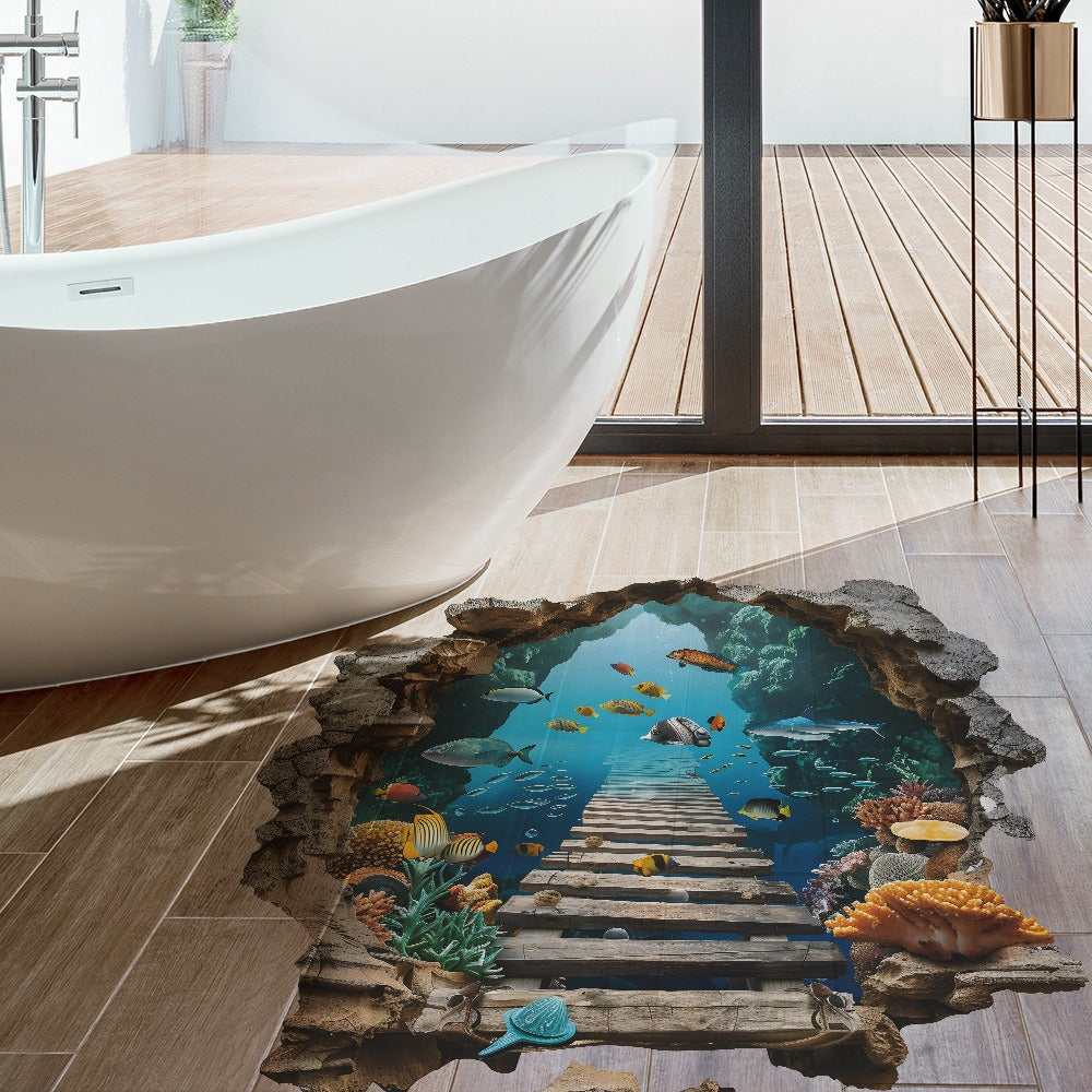 COVPAW Wall Stickers 3D Deep Sea Unterwater Fish Bridge Children Living bed Room Mural Floor Stickers Removable and Waterproof