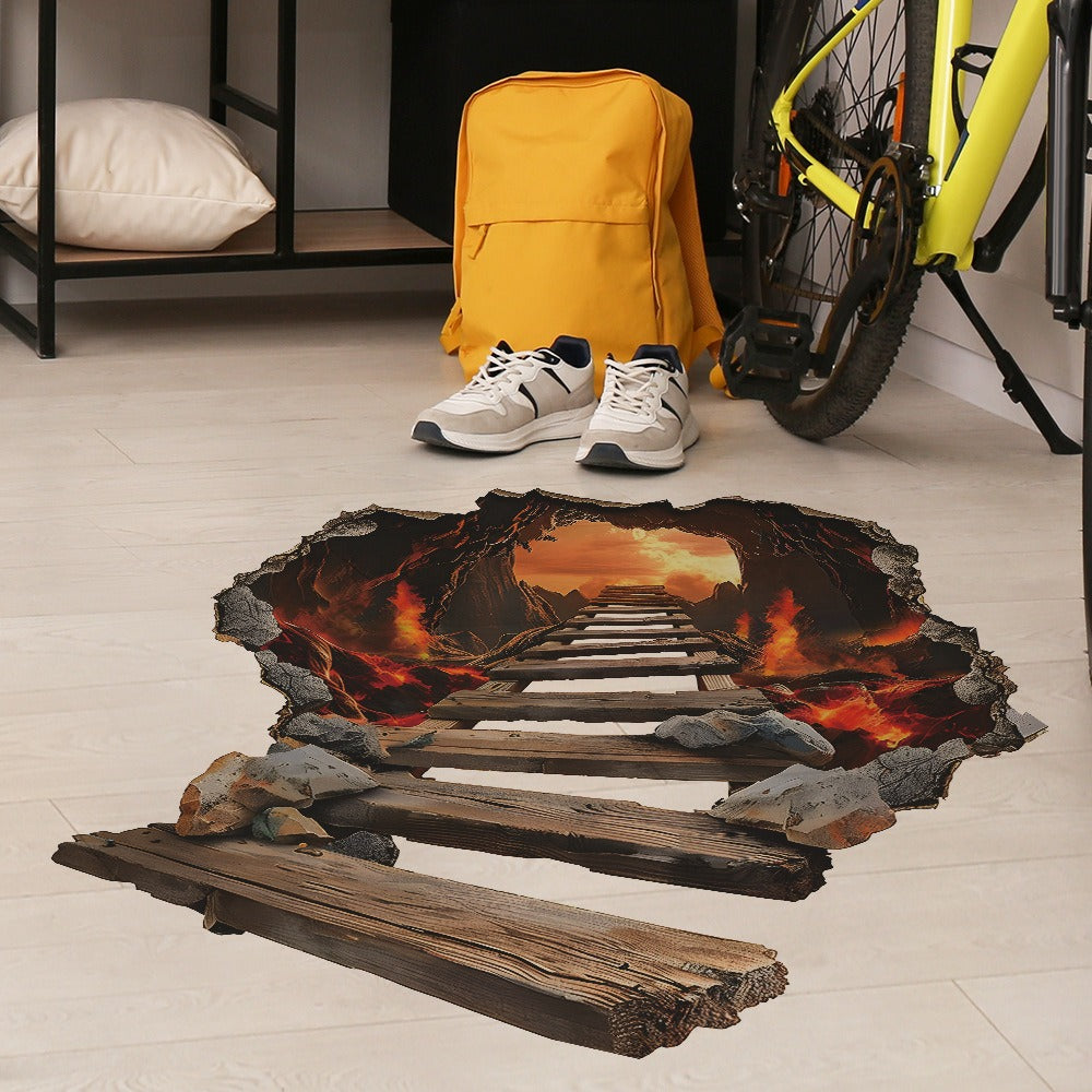 COVPAW Wall Stickers Floor Stickers 3D Bridge in Volcano Magma Living bed Room Children's Room Mural Floor Stickers Removable and Waterproof