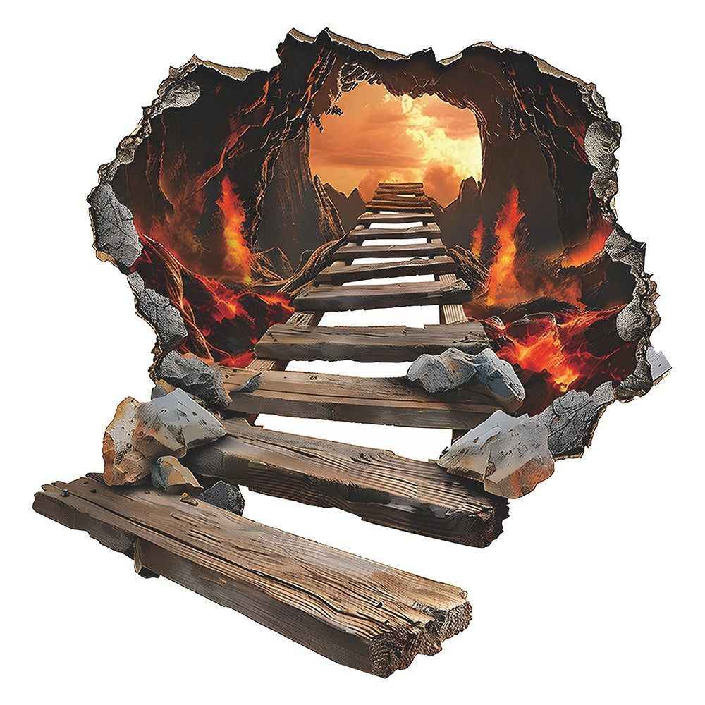 COVPAW Wall Stickers Floor Stickers 3D Bridge in Volcano Magma Living bed Room Children's Room Mural Floor Stickers Removable and Waterproof