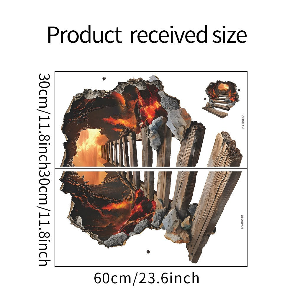 COVPAW Wall Stickers Floor Stickers 3D Bridge in Volcano Magma Living bed Room Children's Room Mural Floor Stickers Removable and Waterproof