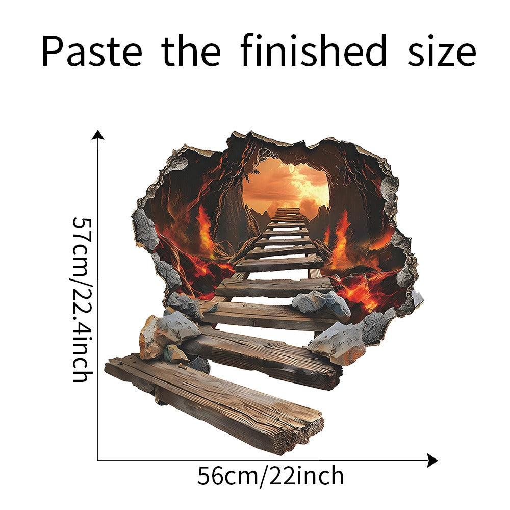 COVPAW Wall Stickers Floor Stickers 3D Bridge in Volcano Magma Living bed Room Children's Room Mural Floor Stickers Removable and Waterproof