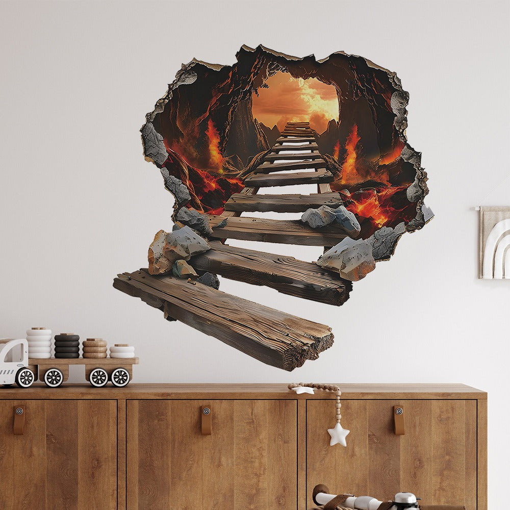 COVPAW Wall Stickers Floor Stickers 3D Bridge in Volcano Magma Living bed Room Children's Room Mural Floor Stickers Removable and Waterproof