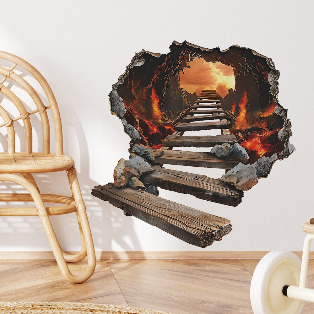 COVPAW Wall Stickers Floor Stickers 3D Bridge in Volcano Magma Living bed Room Children's Room Mural Floor Stickers Removable and Waterproof