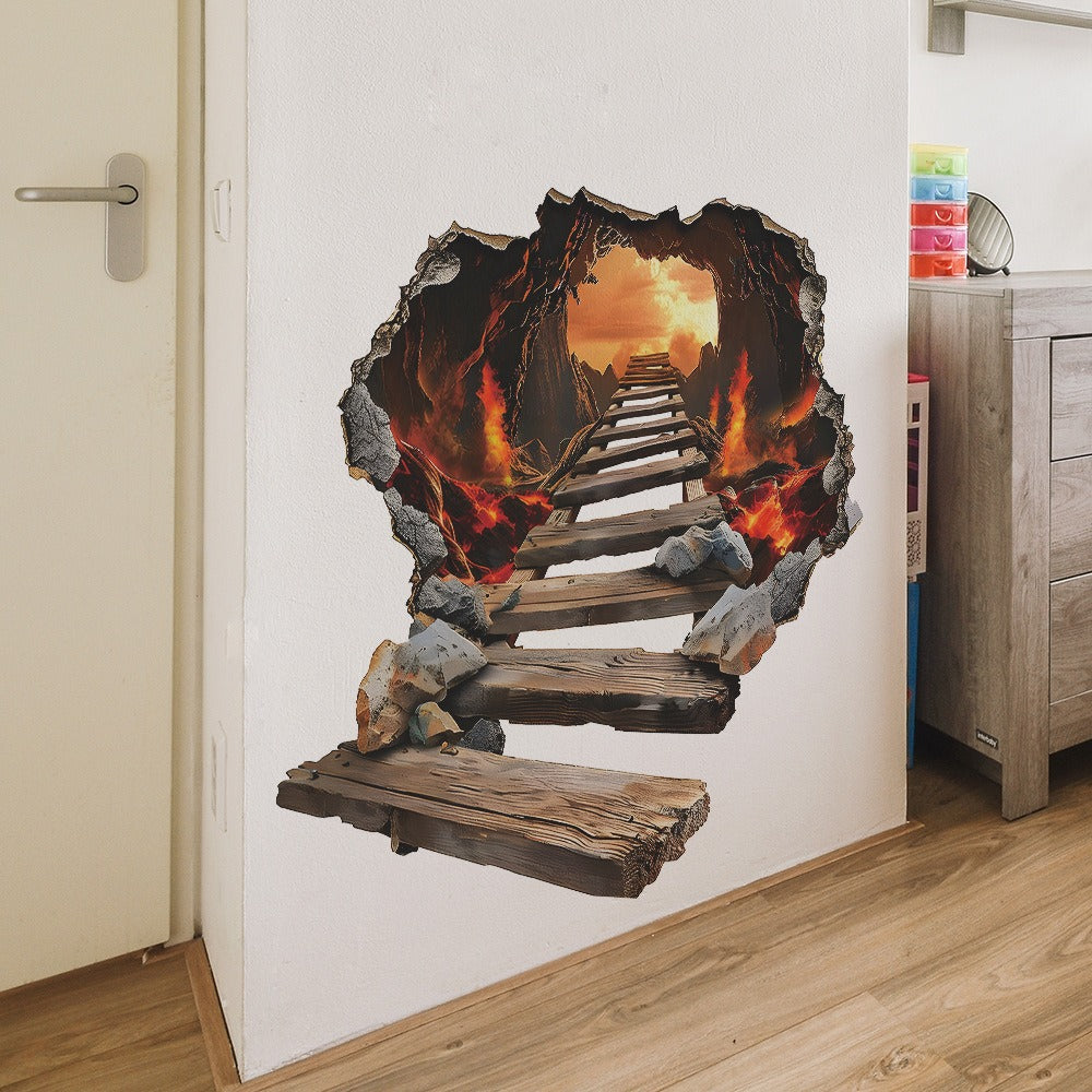 COVPAW Wall Stickers Floor Stickers 3D Bridge in Volcano Magma Living bed Room Children's Room Mural Floor Stickers Removable and Waterproof