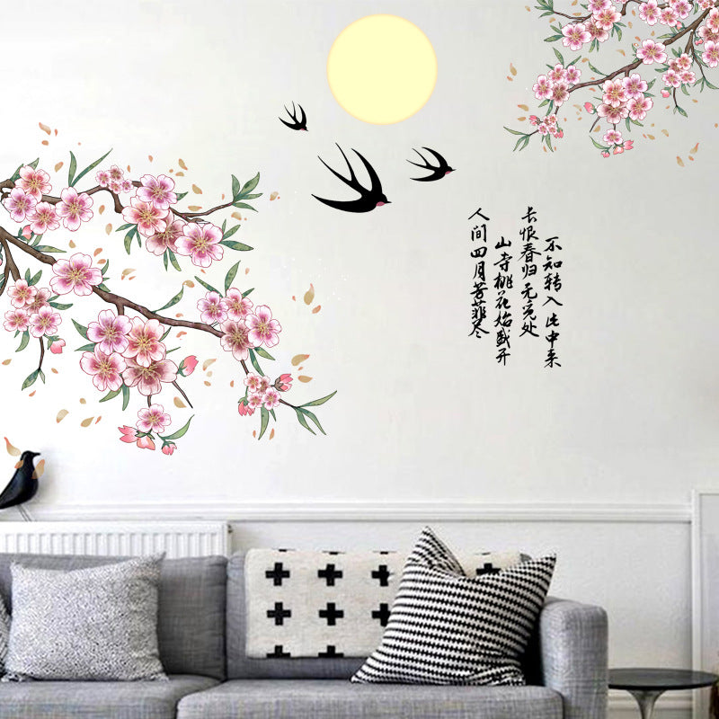 COVPAW® Wall Sticker XXL Peach Blossom Bird Chinese Poem Wall Sticker Mural Pictures Living Room Bedroom Kitchen Office Decoration Gift