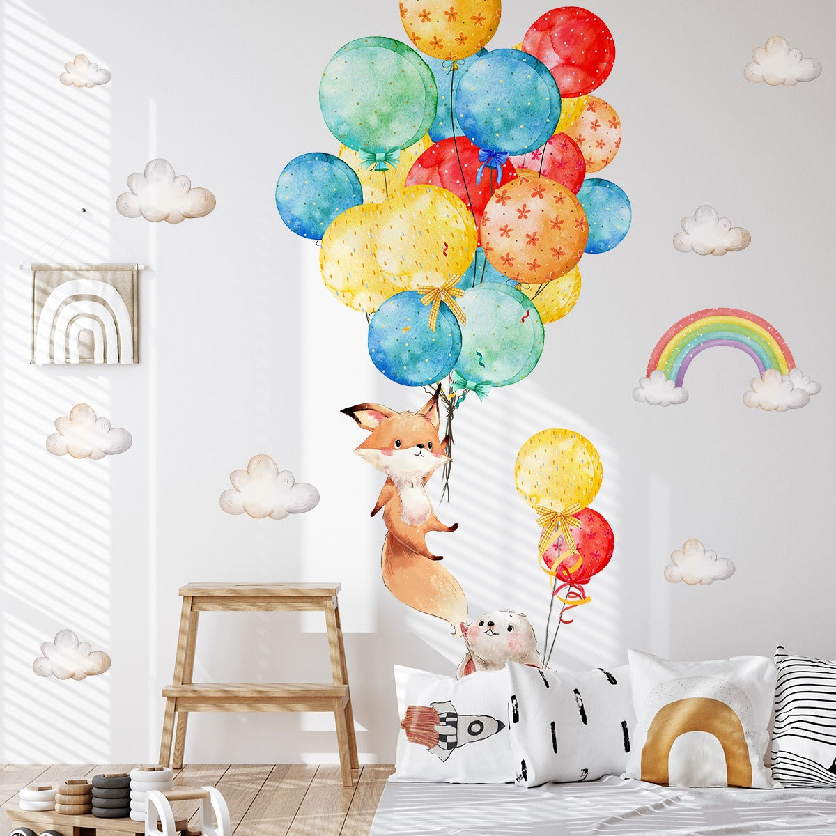 COVPAW Wall Stickers Fox Ballon Rabbit Cloud Animals Kids Nursery Baby Children's Room Bedroom Deco Boy Girl, Self Adhesive, Removable and Waterproof
