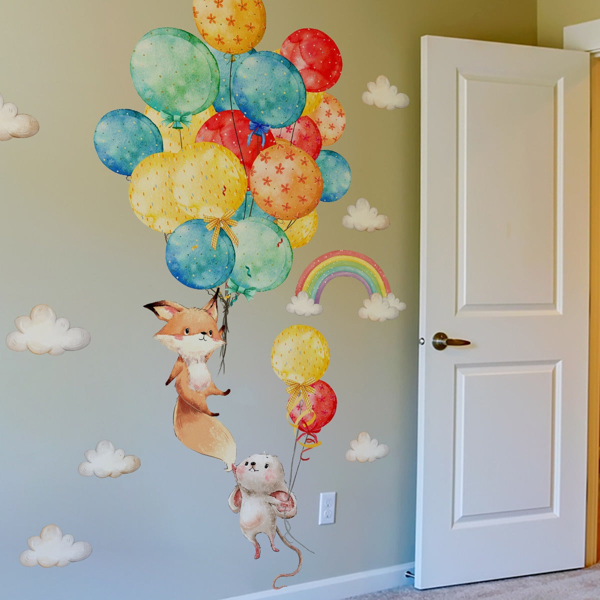 COVPAW Wall Stickers Fox Ballon Rabbit Cloud Animals Kids Nursery Baby Children's Room Bedroom Deco Boy Girl, Self Adhesive, Removable and Waterproof