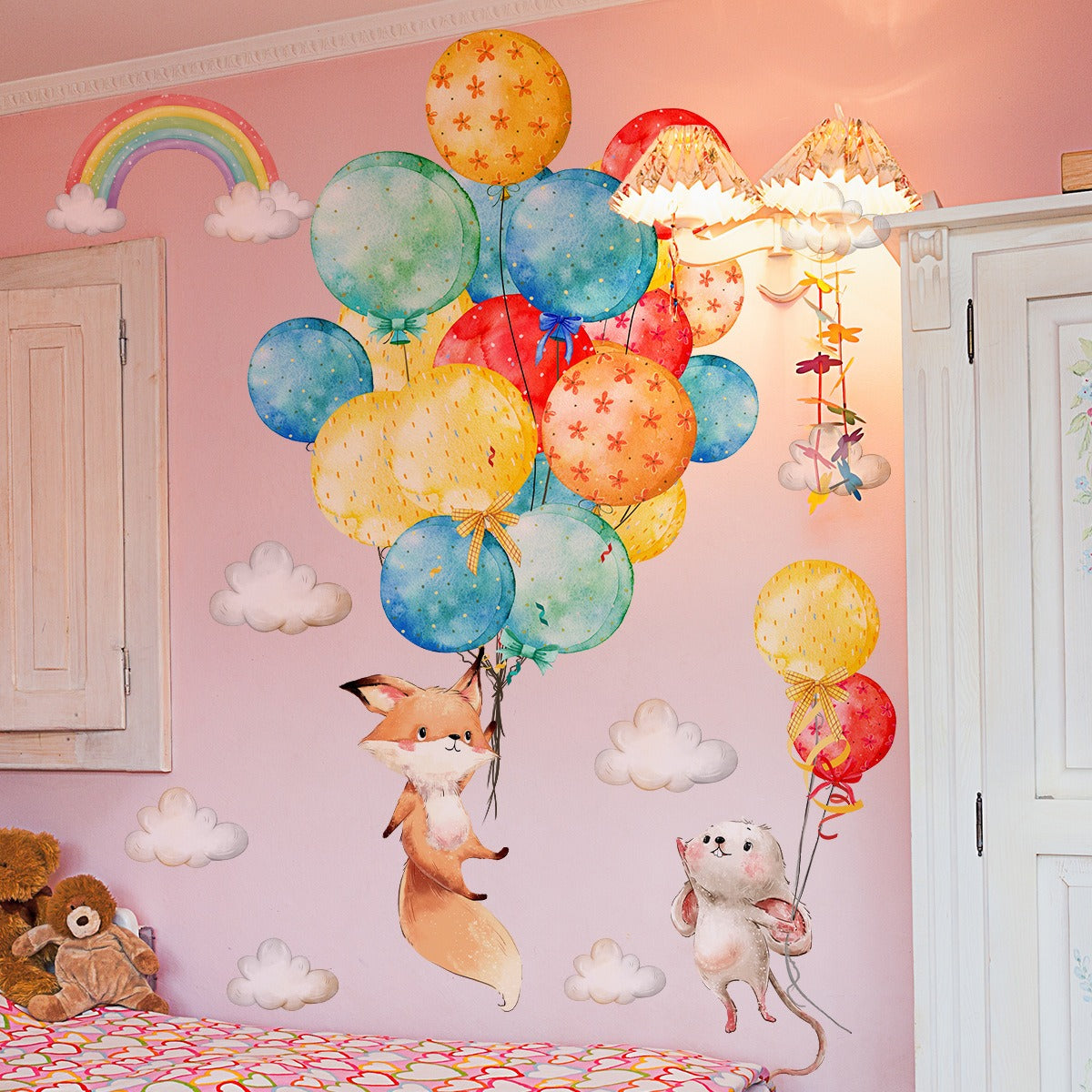 COVPAW Wall Stickers Fox Ballon Rabbit Cloud Animals Kids Nursery Baby Children's Room Bedroom Deco Boy Girl, Self Adhesive, Removable and Waterproof
