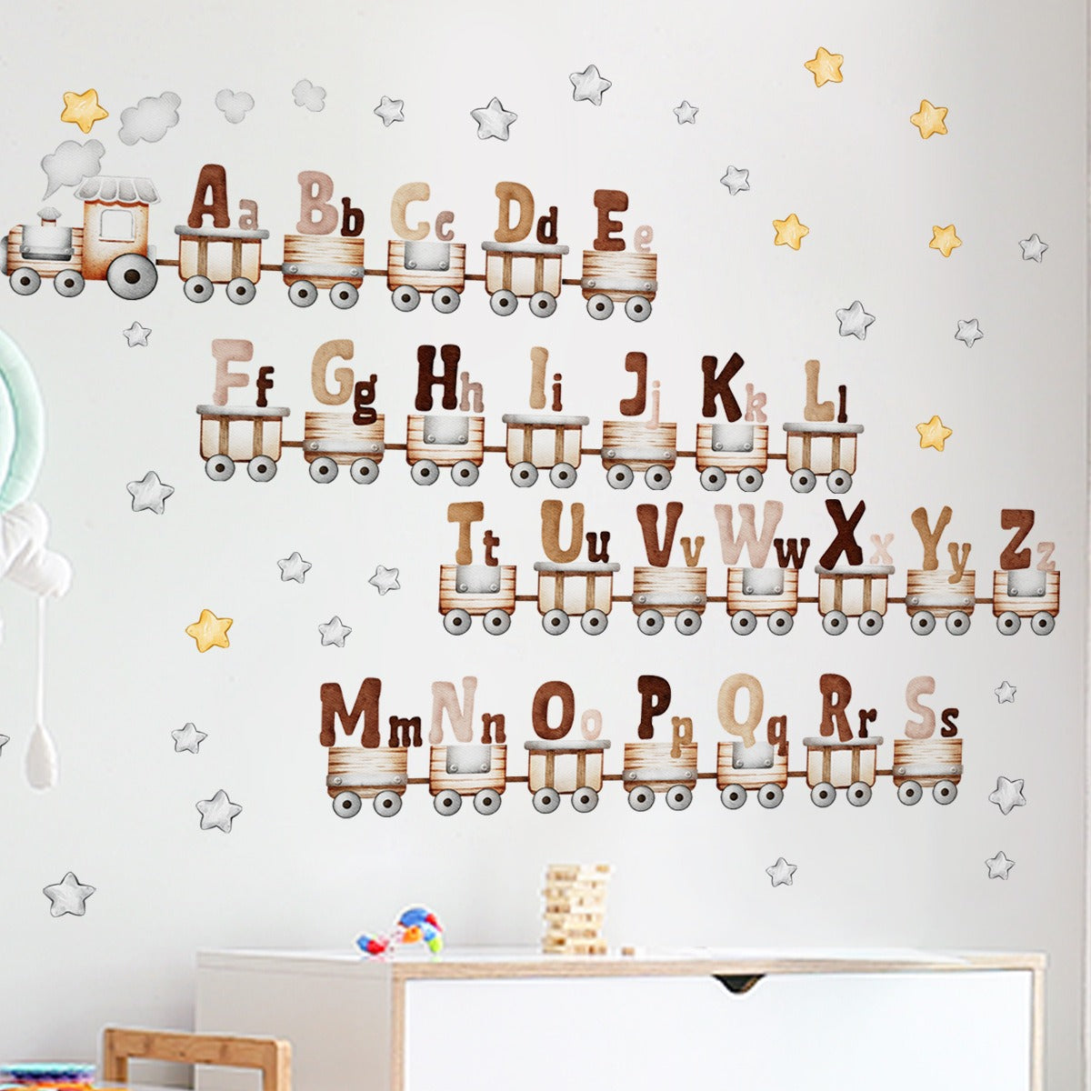 COVPAW Wall Stickers Letters Train Star Kids Nursery Baby Children's Room Bedroom Deco Boy Girl, Self Adhesive, Removable and Waterproof