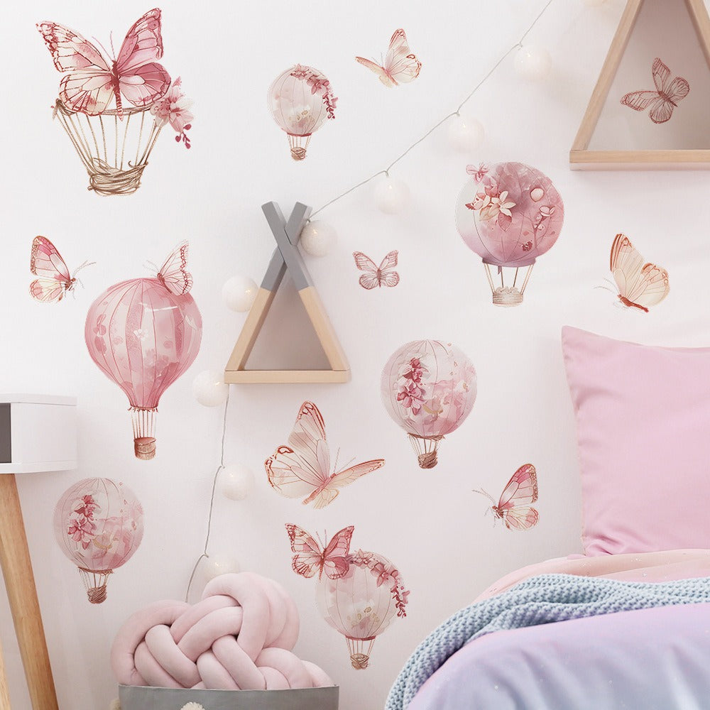 COVPAW Wall Stickers Pink Ballon Butterfly Kids Nursery Baby Children's Room Bedroom Deco Boy Girl, Self Adhesive, Removable and Waterproof