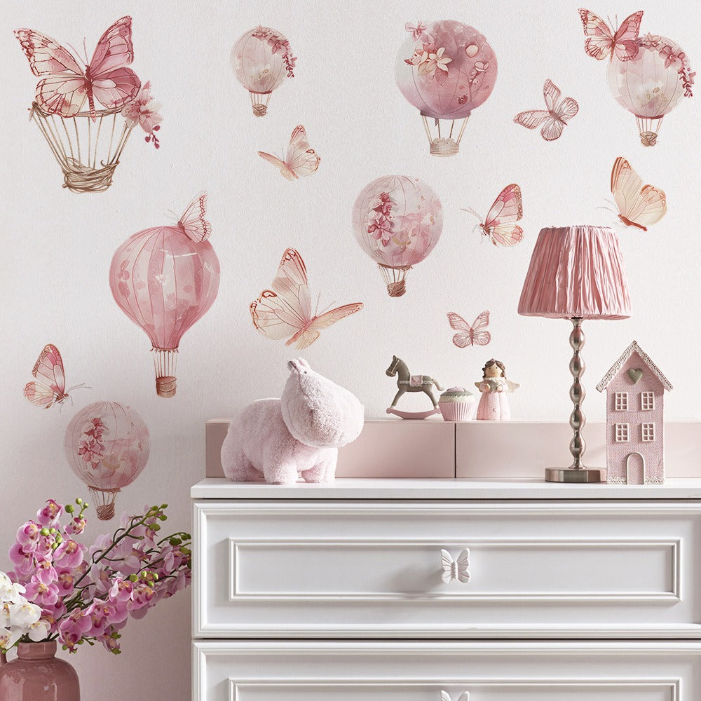 COVPAW Wall Stickers Pink Ballon Butterfly Kids Nursery Baby Children's Room Bedroom Deco Boy Girl, Self Adhesive, Removable and Waterproof