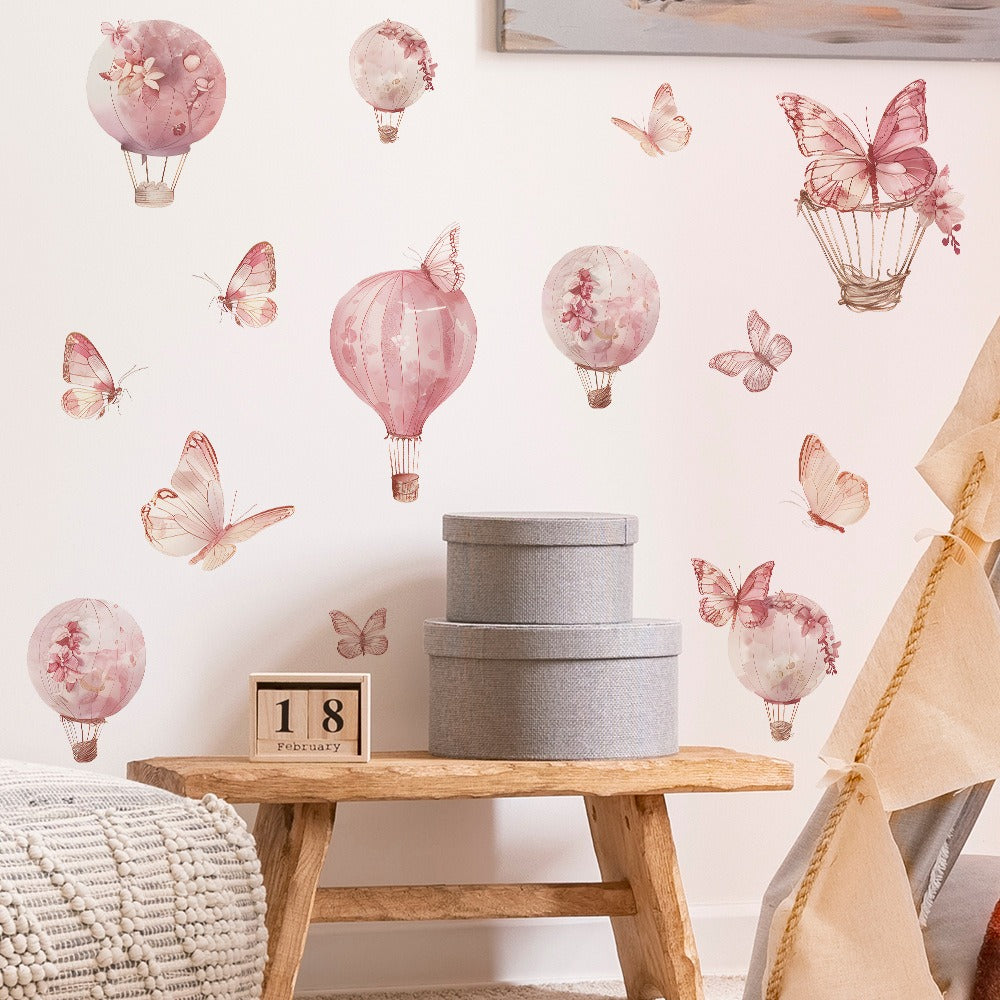 COVPAW Wall Stickers Pink Ballon Butterfly Kids Nursery Baby Children's Room Bedroom Deco Boy Girl, Self Adhesive, Removable and Waterproof