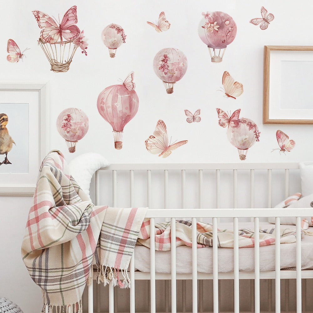 COVPAW Wall Stickers Pink Ballon Butterfly Kids Nursery Baby Children's Room Bedroom Deco Boy Girl, Self Adhesive, Removable and Waterproof