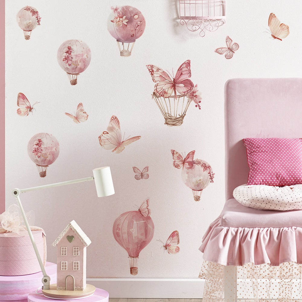 COVPAW Wall Stickers Pink Ballon Butterfly Kids Nursery Baby Children's Room Bedroom Deco Boy Girl, Self Adhesive, Removable and Waterproof