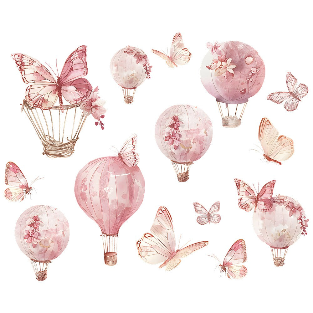 COVPAW Wall Stickers Pink Ballon Butterfly Kids Nursery Baby Children's Room Bedroom Deco Boy Girl, Self Adhesive, Removable and Waterproof
