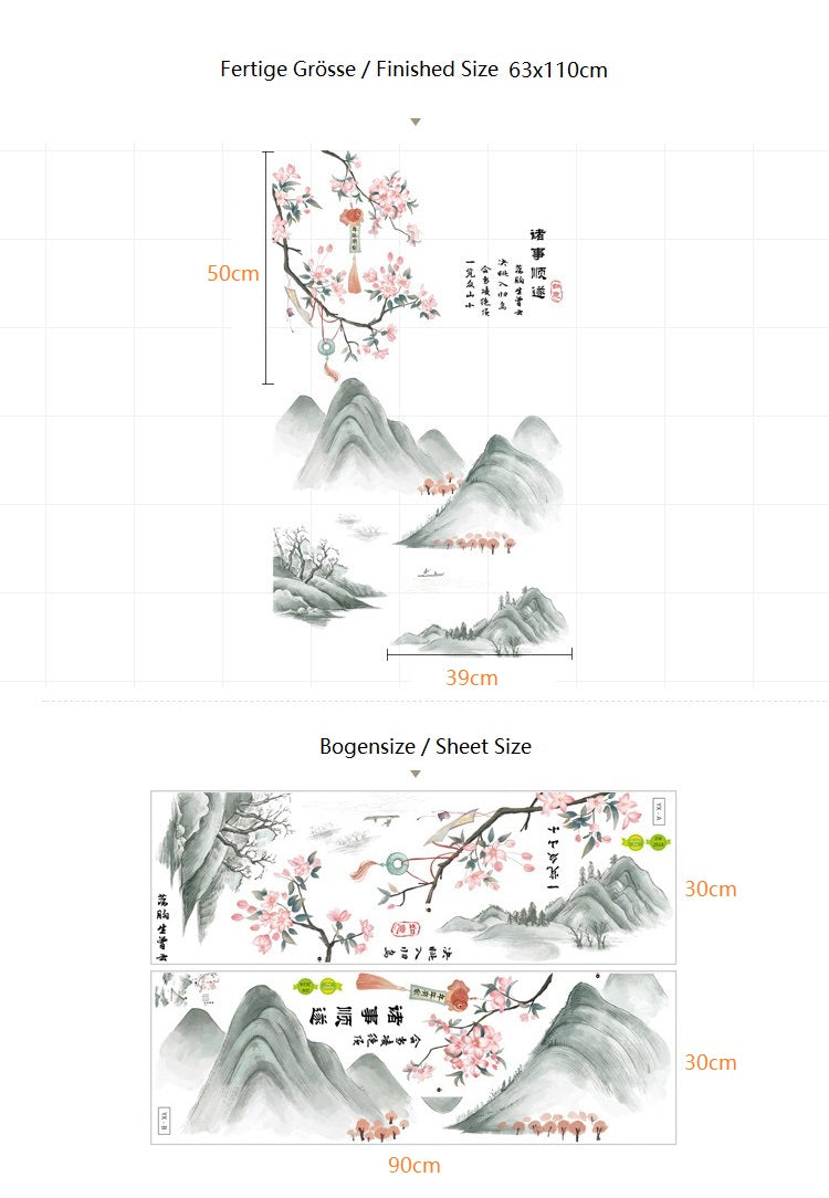 COVPAW Wall Sticker & Mural Chinese Style Landscape Mountain Peach Blossom Home Decor Accent Living Room Bedroom Flower Wall Decal Corridor Stair Removable and Waterproof