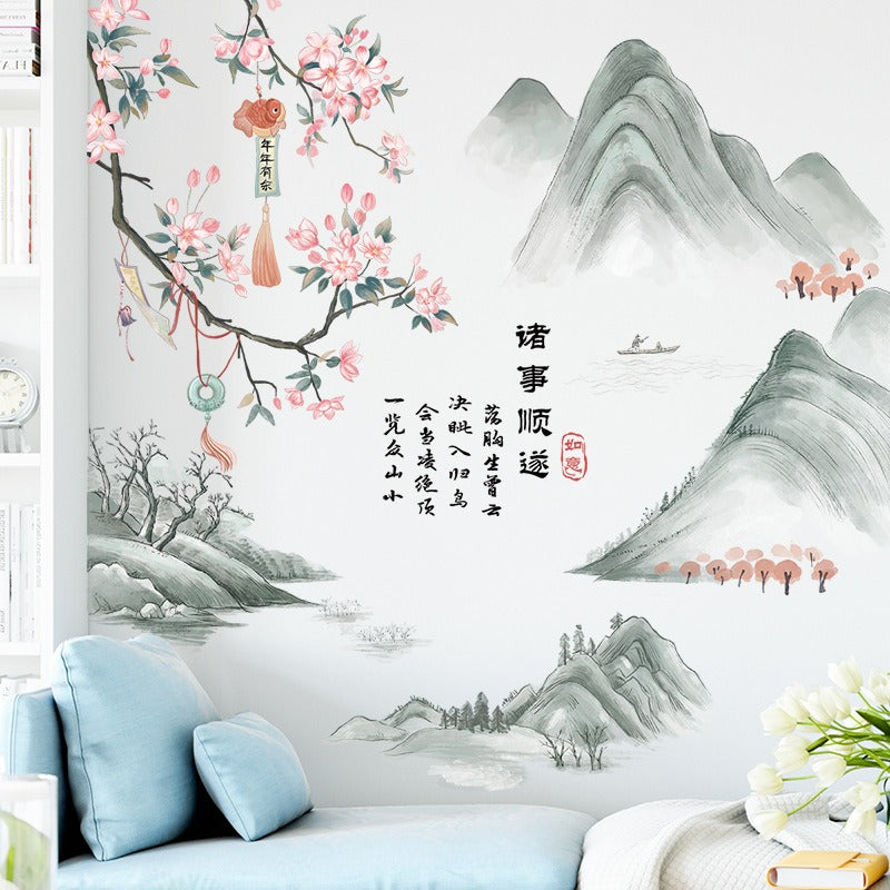 COVPAW Wall Sticker & Mural Chinese Style Landscape Mountain Peach Blossom Home Decor Accent Living Room Bedroom Flower Wall Decal Corridor Stair Removable and Waterproof