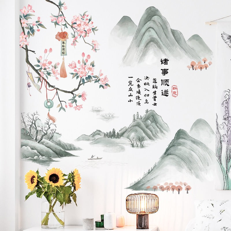 COVPAW Wall Sticker & Mural Chinese Style Landscape Mountain Peach Blossom Home Decor Accent Living Room Bedroom Flower Wall Decal Corridor Stair Removable and Waterproof