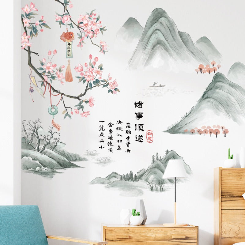 COVPAW Wall Sticker & Mural Chinese Style Landscape Mountain Peach Blossom Home Decor Accent Living Room Bedroom Flower Wall Decal Corridor Stair Removable and Waterproof