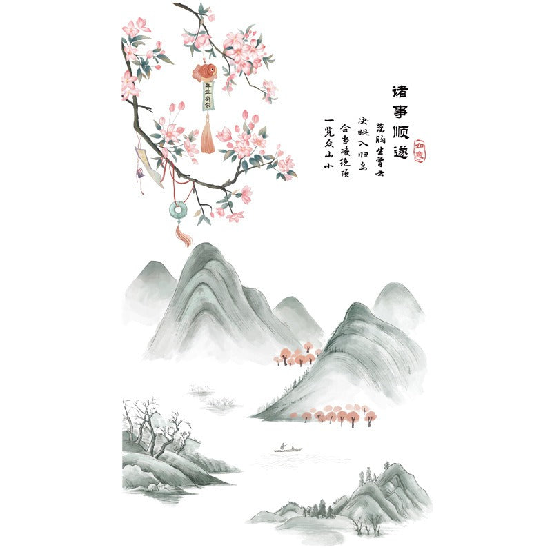 COVPAW Wall Sticker & Mural Chinese Style Landscape Mountain Peach Blossom Home Decor Accent Living Room Bedroom Flower Wall Decal Corridor Stair Removable and Waterproof