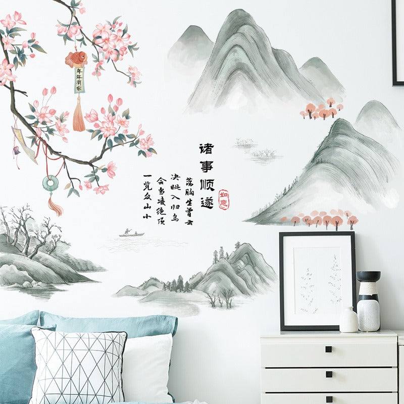 COVPAW Wall Sticker & Mural Chinese Style Landscape Mountain Peach Blossom Home Decor Accent Living Room Bedroom Flower Wall Decal Corridor Stair Removable and Waterproof