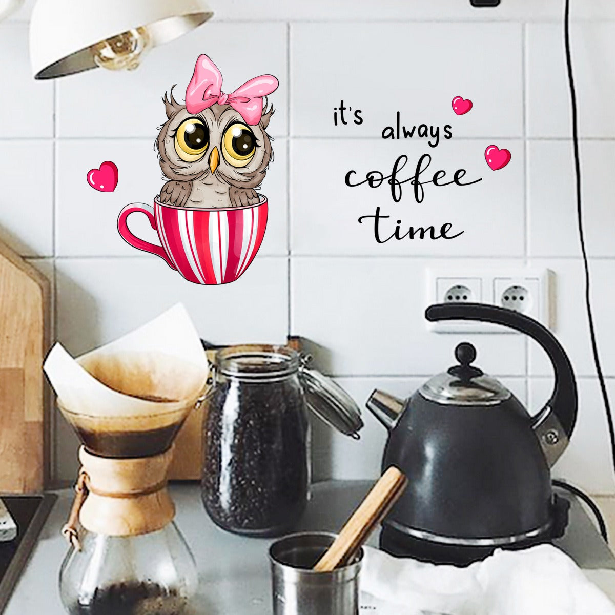 COVPAW Wall Sticker & Mural Coffee Owl Cafe Coffee Time Home Decor Accent Living Room Kitchen Bedroom Flower Wall Decal Removable and Waterproof