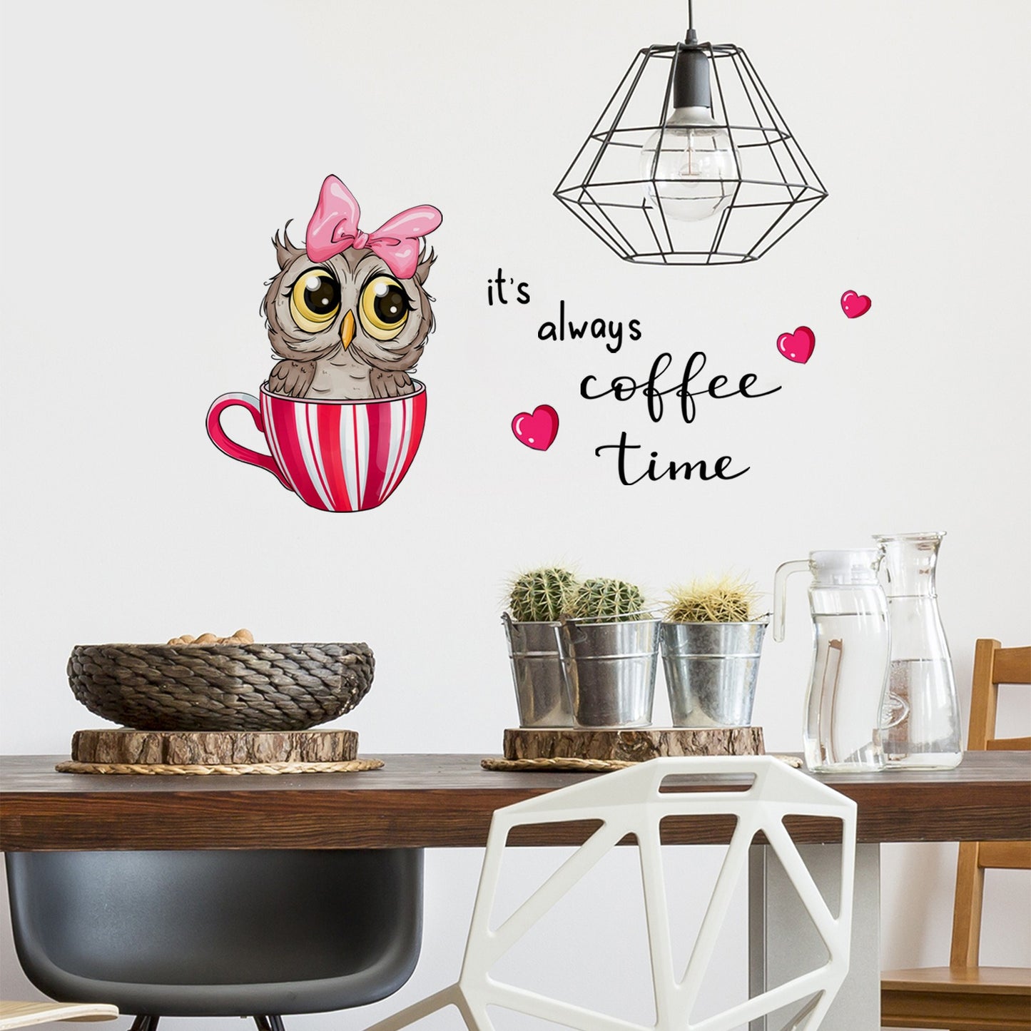 COVPAW Wall Sticker & Mural Coffee Owl Cafe Coffee Time Home Decor Accent Living Room Kitchen Bedroom Flower Wall Decal Removable and Waterproof