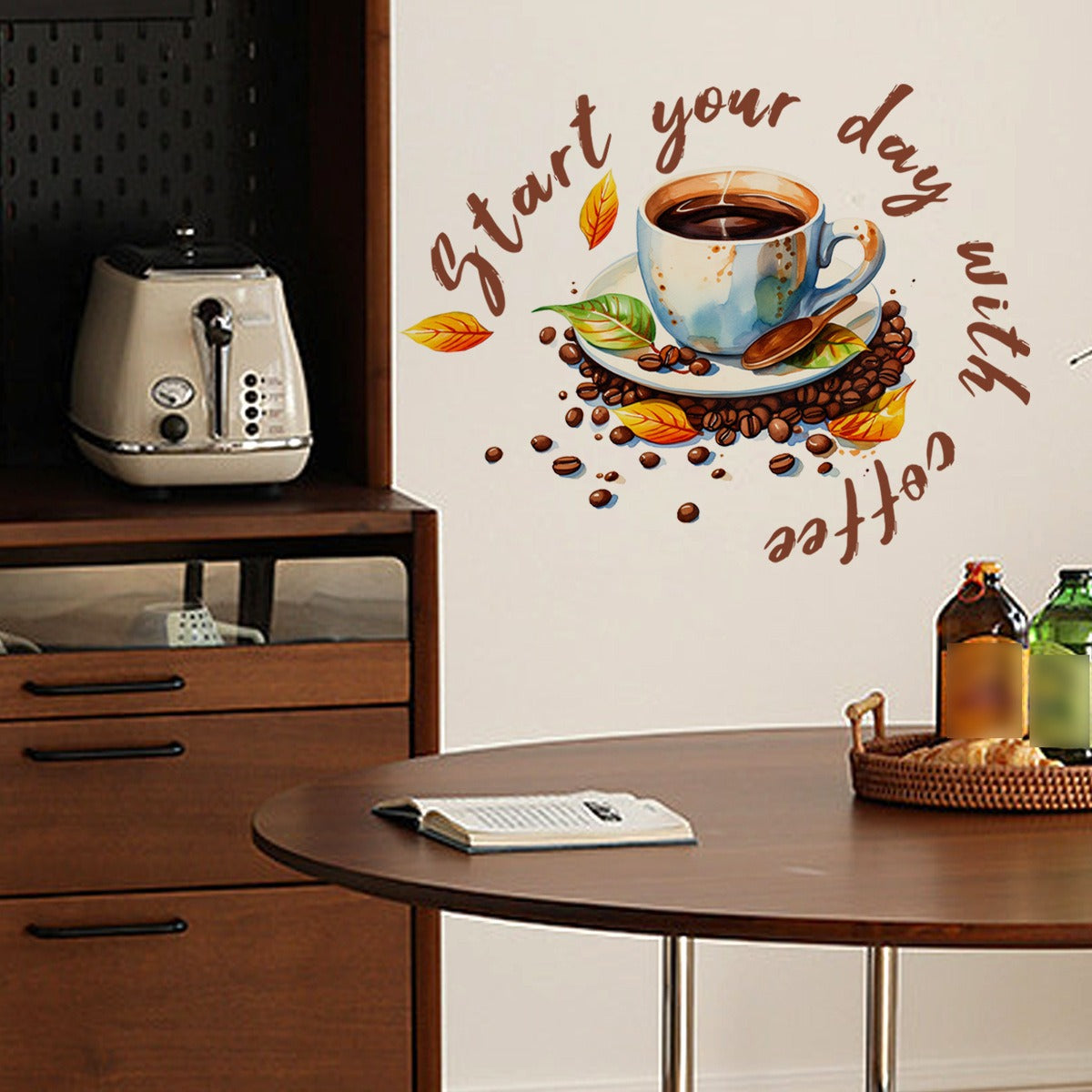 COVPAW Wall Sticker Coffee Cafe Coffee Time Cappuccino Latte macchiato Espresso Home Decor Accent Living Room Kitchen Bedroom Flower Wall Decal Removable and Waterproof