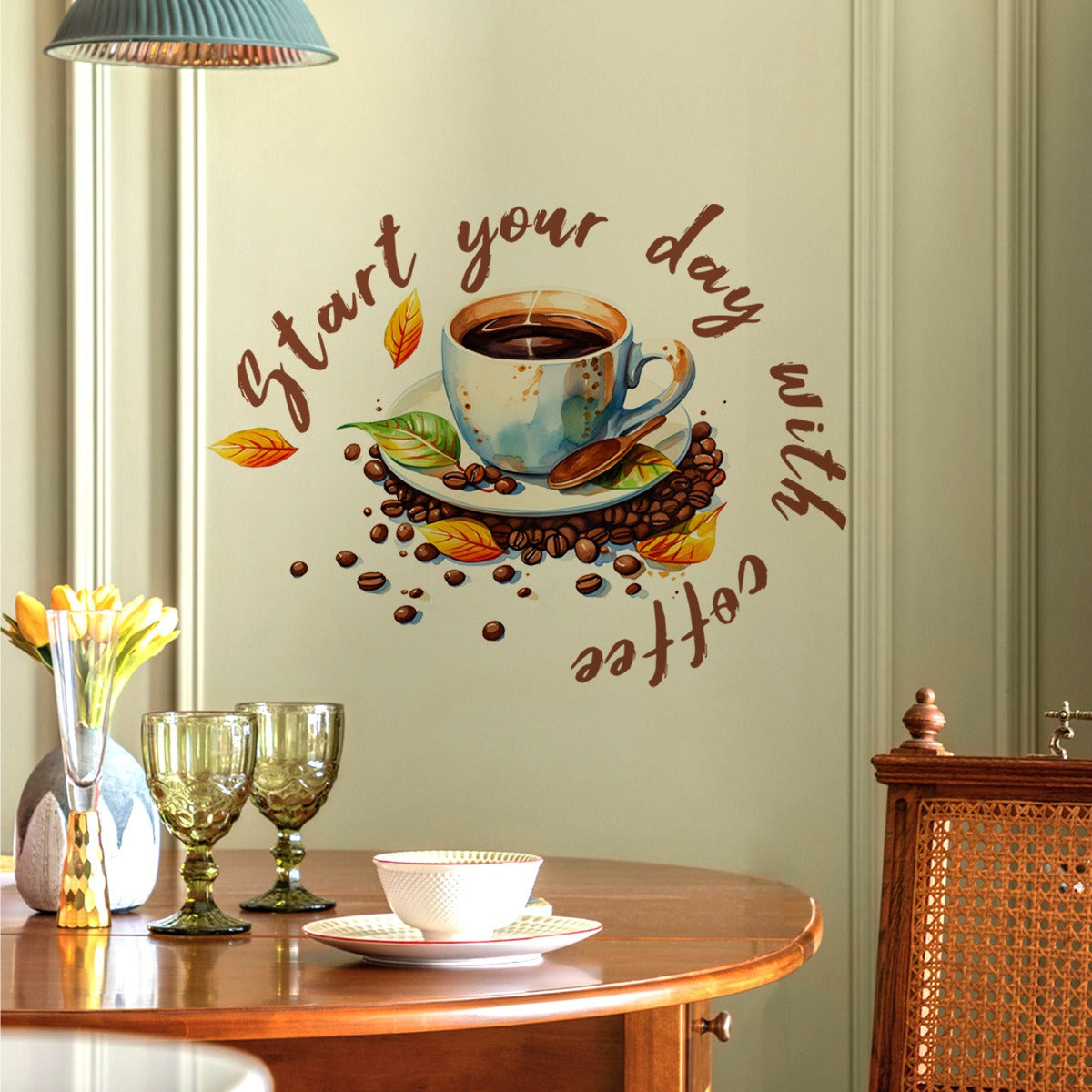 COVPAW Wall Sticker Coffee Cafe Coffee Time Cappuccino Latte macchiato Espresso Home Decor Accent Living Room Kitchen Bedroom Flower Wall Decal Removable and Waterproof