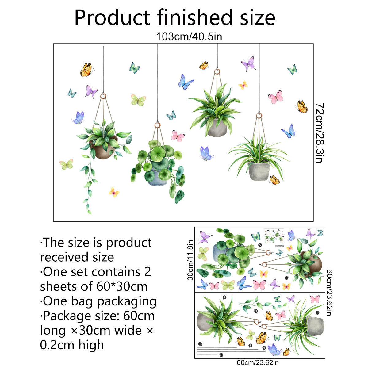 COVPAW Wall Stickers Hanging Flower Pot Butterfly Bracket-Plant Home Decor Nature Living Room Children's Room Bedroom Deco, Self Adhesive, Removable and Waterproof
