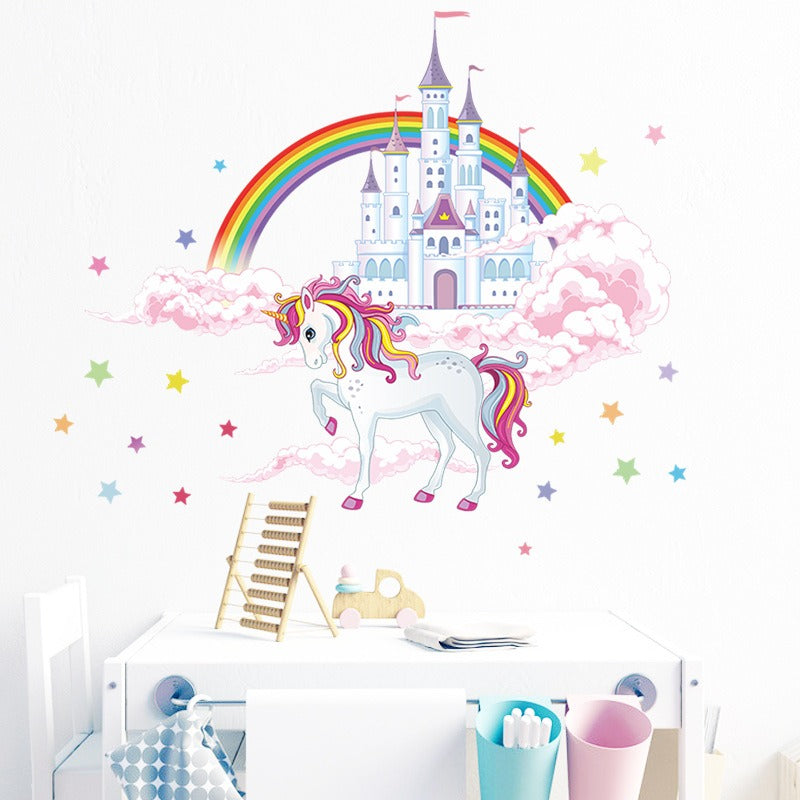COVPAW Wall Stickers Unicorn Castle Rainbow Star Sky Kids Nursery Baby Children's Room Bedroom Deco Boy Girl, Self Adhesive, Removable and Waterproof