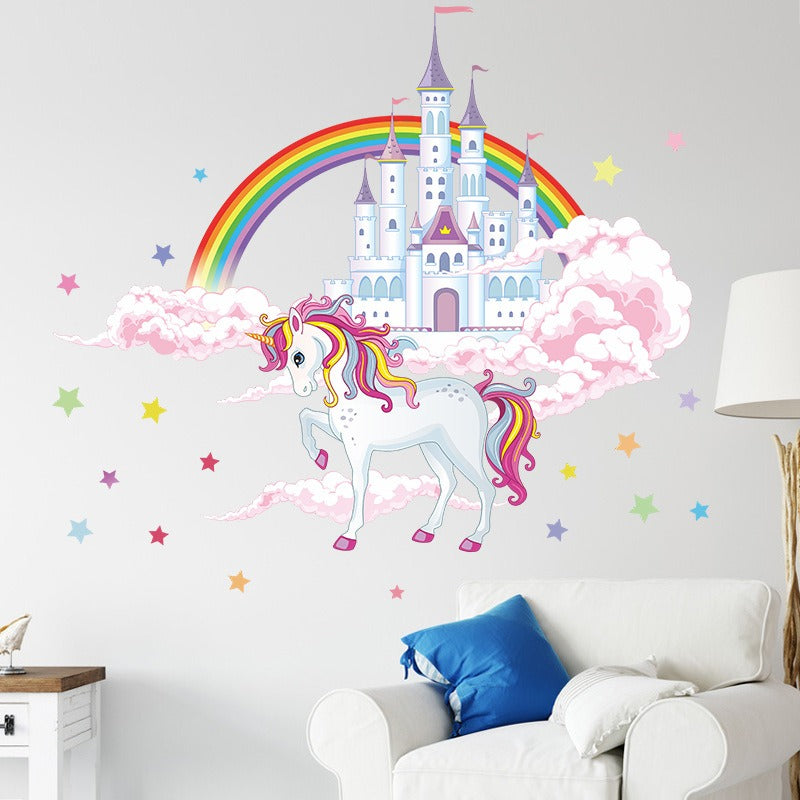 COVPAW Wall Stickers Unicorn Castle Rainbow Star Sky Kids Nursery Baby Children's Room Bedroom Deco Boy Girl, Self Adhesive, Removable and Waterproof