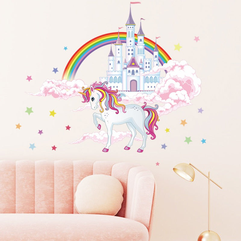 COVPAW Wall Stickers Unicorn Castle Rainbow Star Sky Kids Nursery Baby Children's Room Bedroom Deco Boy Girl, Self Adhesive, Removable and Waterproof