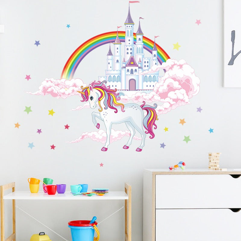 COVPAW Wall Stickers Unicorn Castle Rainbow Star Sky Kids Nursery Baby Children's Room Bedroom Deco Boy Girl, Self Adhesive, Removable and Waterproof
