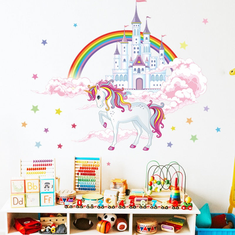 COVPAW Wall Stickers Unicorn Castle Rainbow Star Sky Kids Nursery Baby Children's Room Bedroom Deco Boy Girl, Self Adhesive, Removable and Waterproof