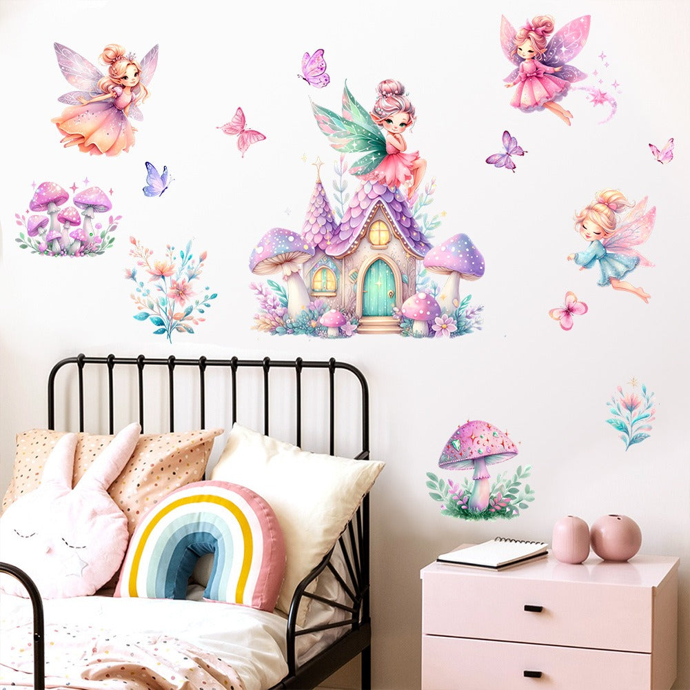 COVPAW Wall Stickers Mushroom Elf Angel Castle Butterfly Kids Nursery Baby Children's Room Bedroom Deco Boy Girl, Self Adhesive, Removable and Waterproof