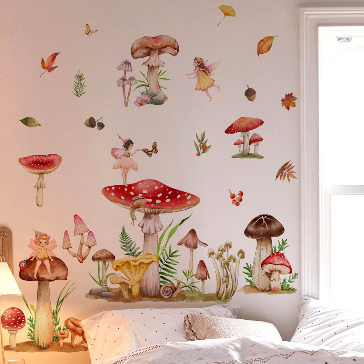 COVPAW Wall Stickers Mushroom Elf Angel Butterfly Kids Nursery Baby Children's Room Bedroom Deco Boy Girl, Self Adhesive, Removable and Waterproof
