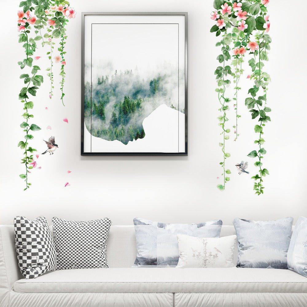 COVPAW Wall Stickers Tropical Plants Flower Vine Butterfly Parrot Bird Home Decor Nature Living Room Children's Room Bedroom Deco, Self Adhesive, Removable and Waterproof