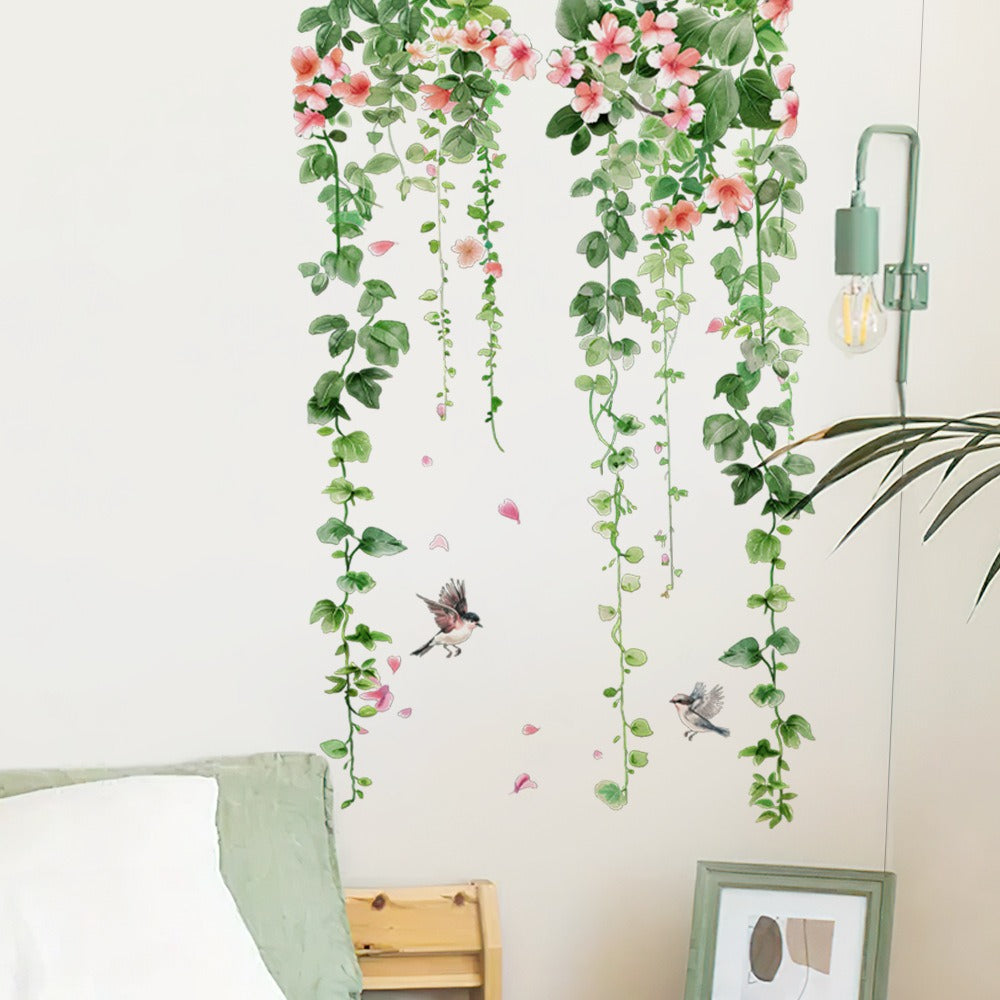 COVPAW Wall Stickers Tropical Plants Flower Vine Butterfly Parrot Bird Home Decor Nature Living Room Children's Room Bedroom Deco, Self Adhesive, Removable and Waterproof